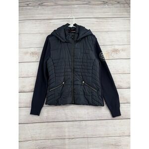 B//Vertigo Hybrid Jacket Women 12 Navy Blue Wool Blend Quilted Hooded